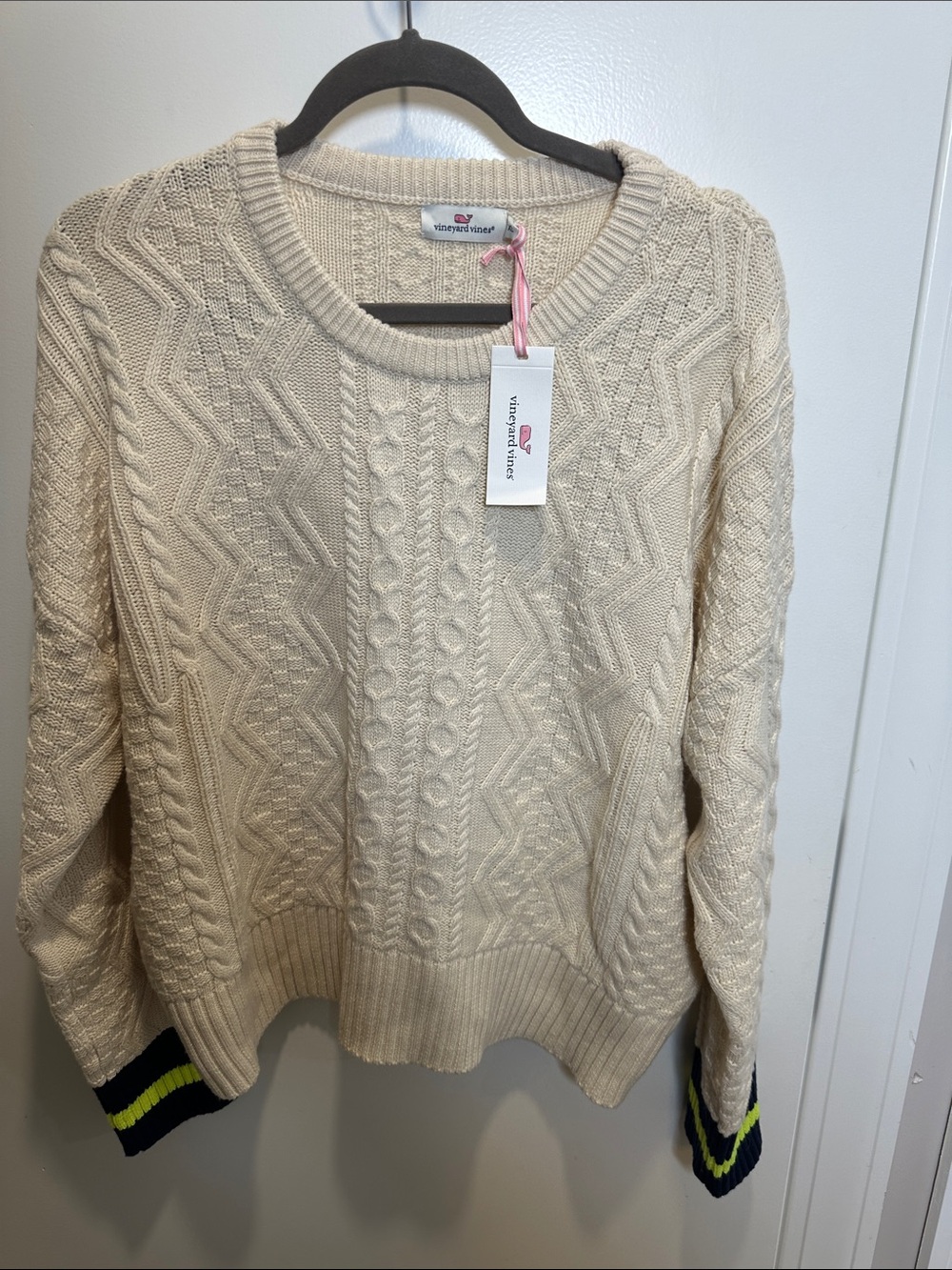 Vineyard Vines Cream Cable Knit Sweater with Navy /Neon Yellow Cuff Stripes (56)